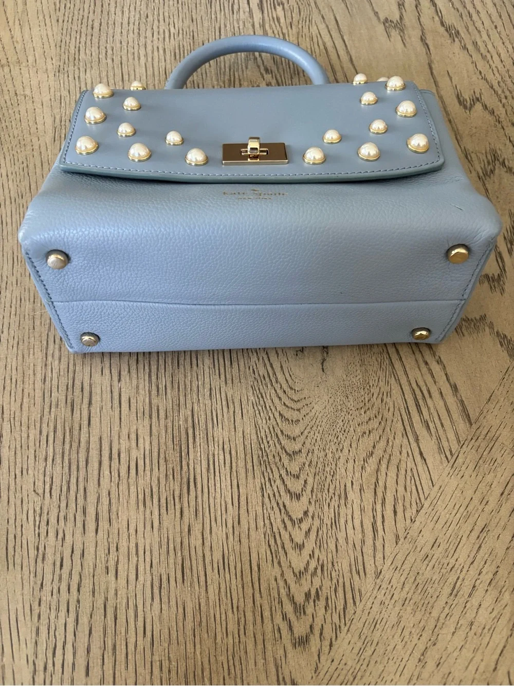 kate spade light blue satchel with pearls and gold studs